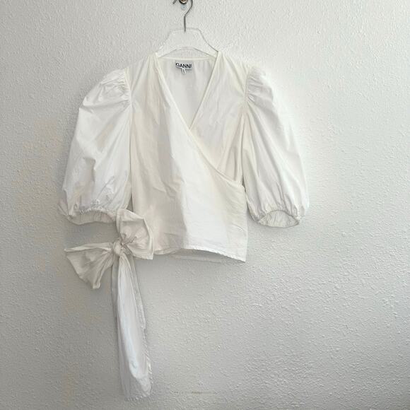 Ganni Puff Sleeve Wrap Top Women Size 40 US 10 Bright White Poplin V-Neck Cotton - Picture 3 of 10